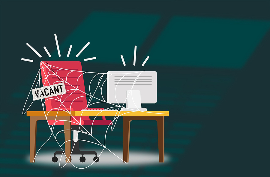 Grafisch beeld van leeg bureau met spinnenweb